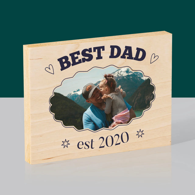 Zdjęcie I Podpis: Best Dad Established - Wydruk Na Drewnie