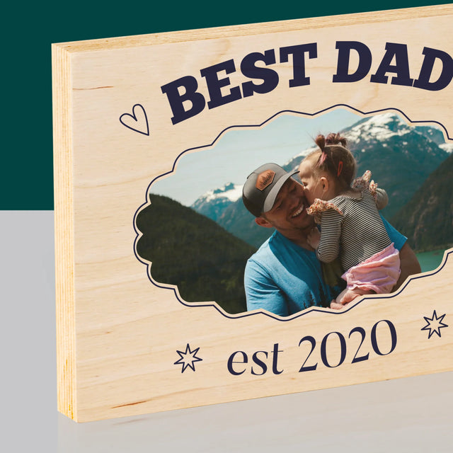 Zdjęcie I Podpis: Best Dad Established - Wydruk Na Drewnie