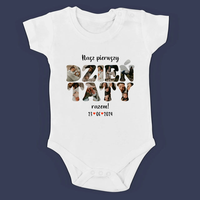 Słowo Ze Zdjęć: Nasz Pierwszy Dzień Taty - Zestaw Koszulka Męska i Body Niemowlęce