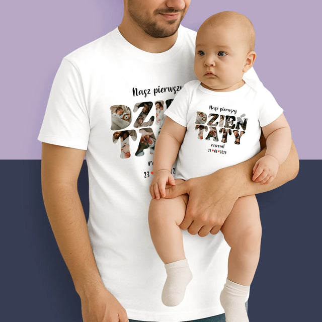 Słowo Ze Zdjęć: Nasz Pierwszy Dzień Taty - Zestaw Koszulka Męska i Body Niemowlęce