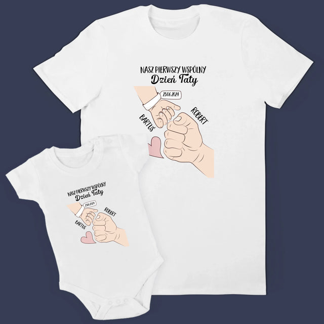 Imię i Podpis: Pierwszy Wspólny Dzień Taty - Zestaw Koszulka Męska i Body Niemowlęce