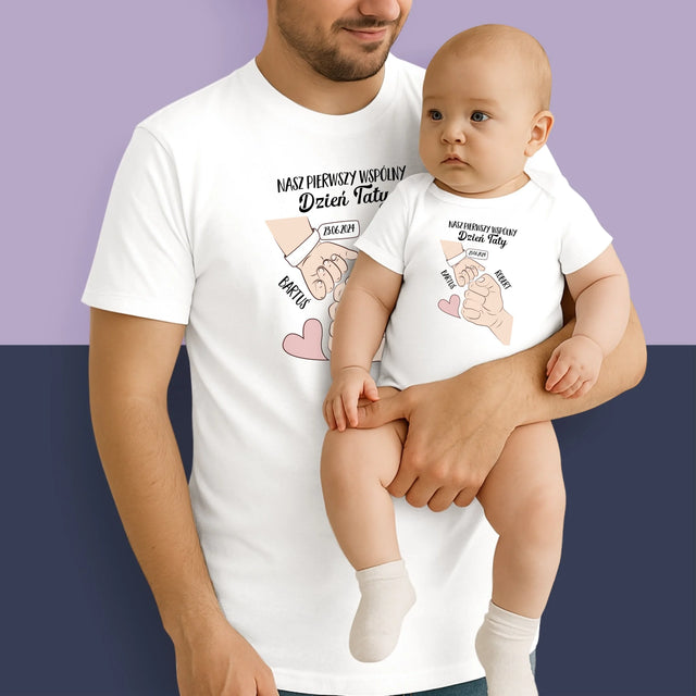 Imię i Podpis: Pierwszy Wspólny Dzień Taty - Zestaw Koszulka Męska i Body Niemowlęce