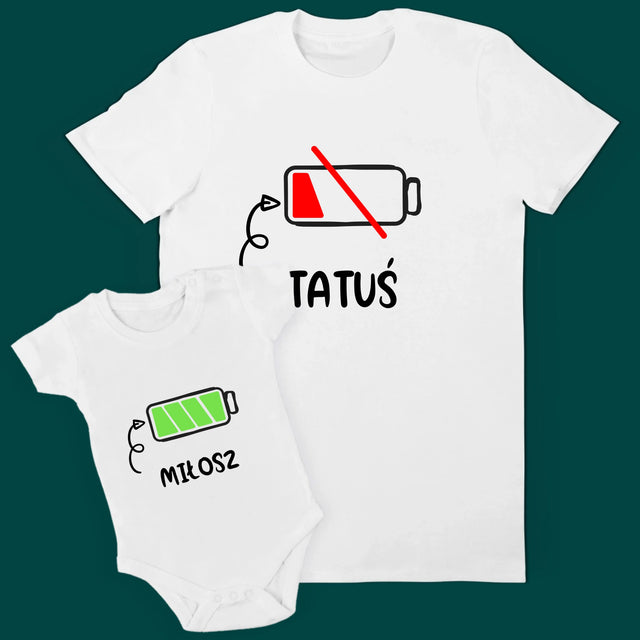 Imię i Podpis: Low Battery - Zestaw Koszulka Męska i Body Niemowlęce