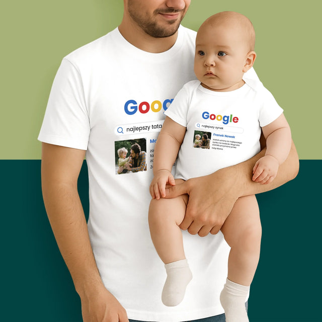 Zdjęcie i Podpis: Najlepszy Tata i Syn Wynik Google - Zestaw Koszulka Męska i Body Niemowlęce