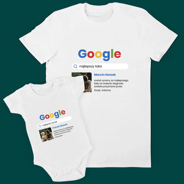 Zdjęcie i Podpis: Najlepszy Tata i Syn Wynik Google - Zestaw Koszulka Męska i Body Niemowlęce