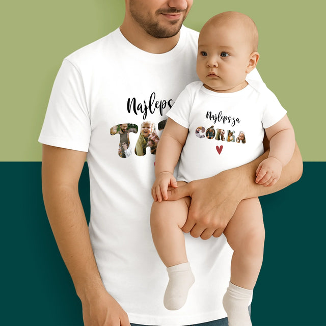 Zdjęcie i Podpis: Najlepszy Tata i Córka Serce - Zestaw Koszulka Męska i Body Niemowlęce