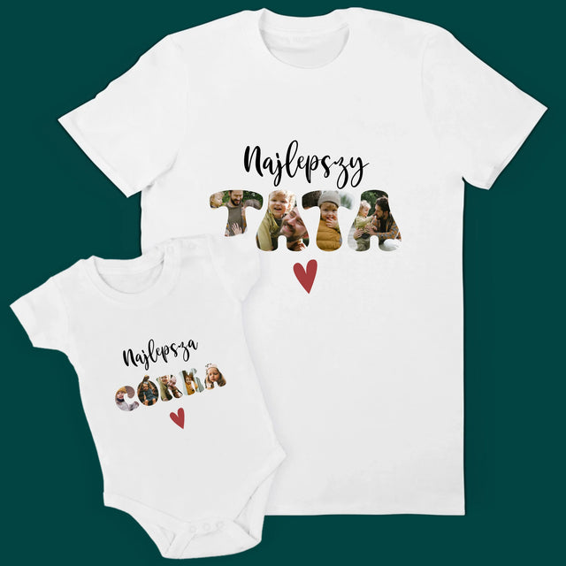 Zdjęcie i Podpis: Najlepszy Tata i Córka Serce - Zestaw Koszulka Męska i Body Niemowlęce