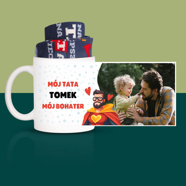 Zdjęcie i Podpis: Tata Mój Bohater - Skarpetki w Kubku Dla Taty