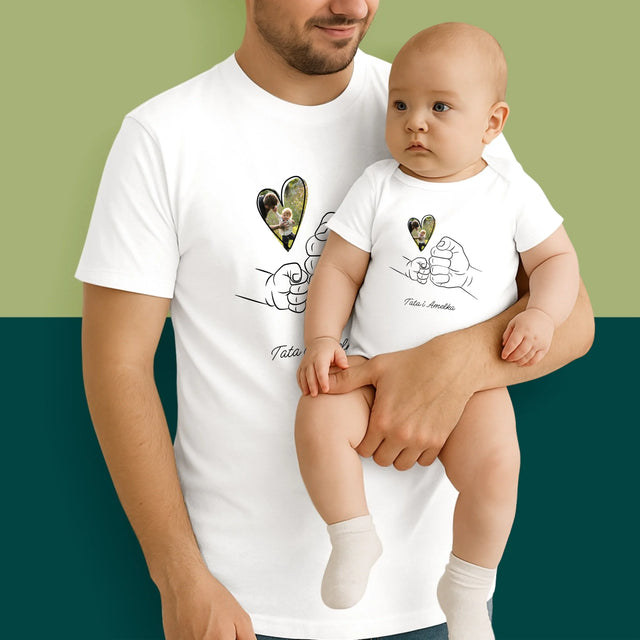 Zdjęcie i Podpis: Tata Dziecko Rączka - Zestaw Koszulka Męska i Body Niemowlęce