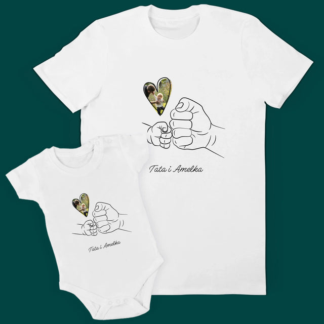 Zdjęcie i Podpis: Tata Dziecko Rączka - Zestaw Koszulka Męska i Body Niemowlęce