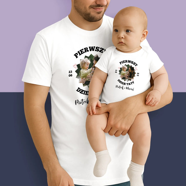 Zdjęcie i Podpis: Pierwszy Dzień Taty Razem - Zestaw Koszulka Męska i Body Niemowlęce