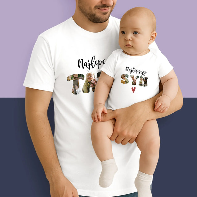 Zdjęcie i Podpis: Najlepszy tata i syn serce - Zestaw Koszulka Męska i Body Niemowlęce