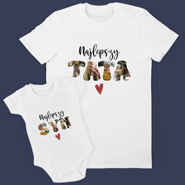 Zdjęcie i Podpis: Najlepszy tata i syn serce - Zestaw Koszulka Męska i Body Niemowlęce