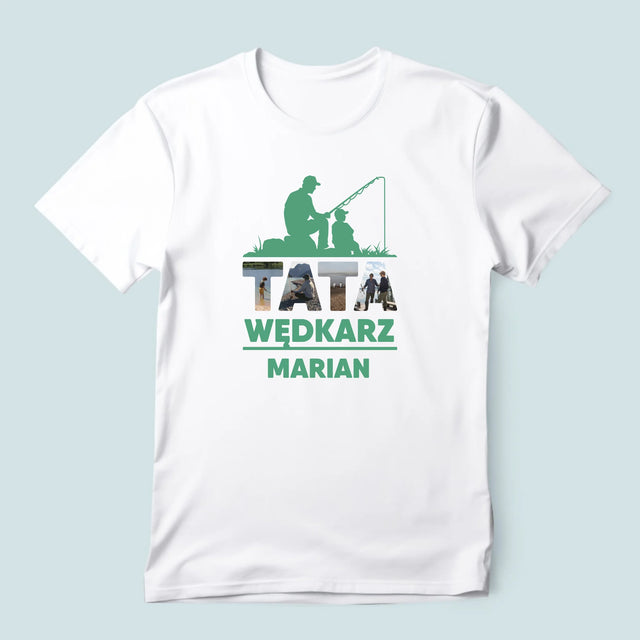 Słowo Ze Zdjęć: Tata Wędkarz - Koszulka Męska z Nadrukiem