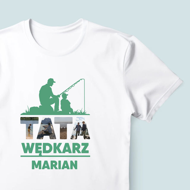 Słowo Ze Zdjęć: Tata Wędkarz - Koszulka Męska z Nadrukiem