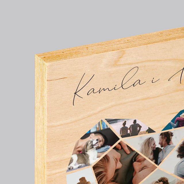 Fotokolaż: Serce Geometryczne - Wydruk Na Drewnie