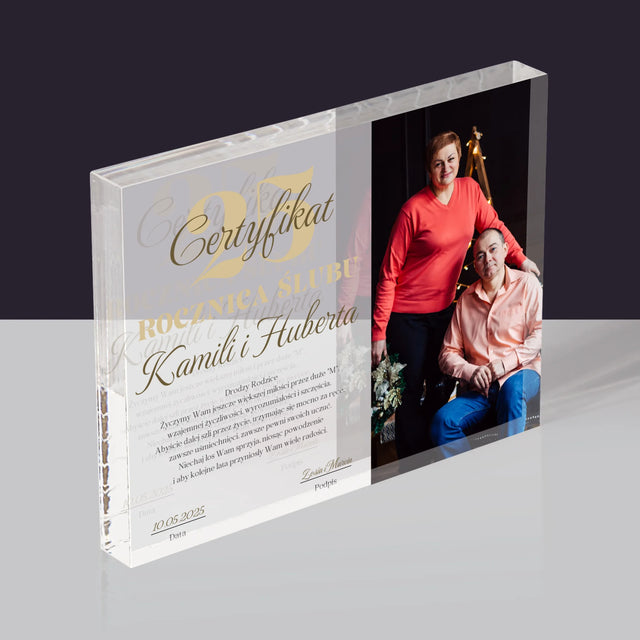 Certyfkat: Rocznica - Blok Akrylowy z Nadrukiem
