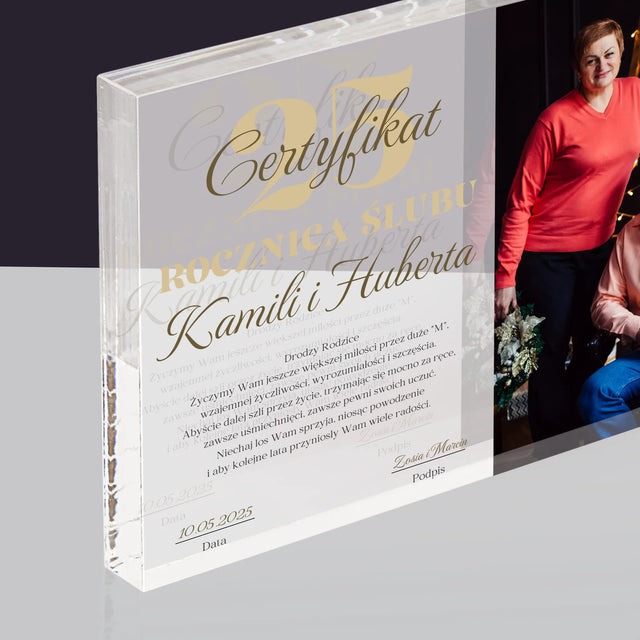 Certyfkat: Rocznica - Blok Akrylowy z Nadrukiem