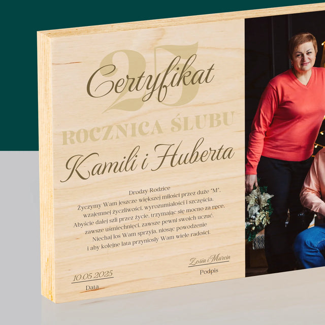 Certyfkat: Rocznica - Wydruk Na Drewnie