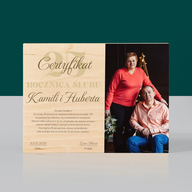 Certyfkat: Rocznica - Wydruk Na Drewnie