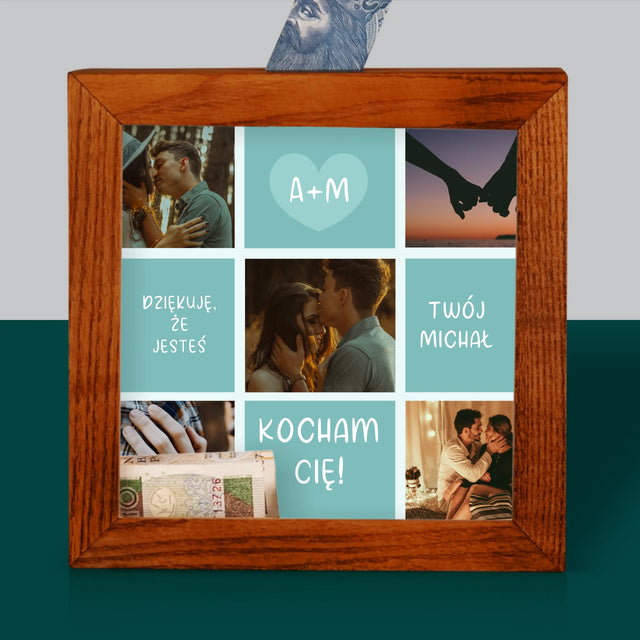 Fotokolaż: Kocham Cię Inicjały - Drewniana Skarbonka