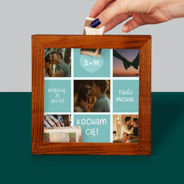 Fotokolaż: Kocham Cię Inicjały - Drewniana Skarbonka