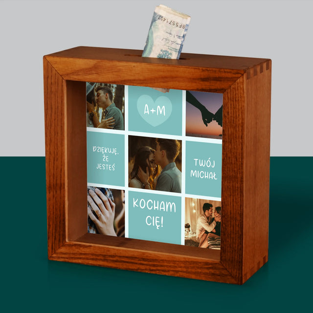 Fotokolaż: Kocham Cię Inicjały - Drewniana Skarbonka