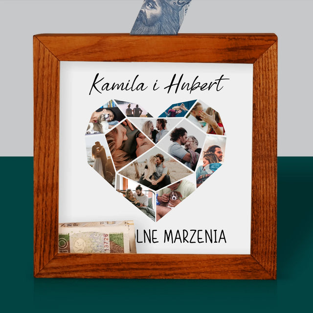 Fotokolaż: Serce Geometryczne - Drewniana Skarbonka