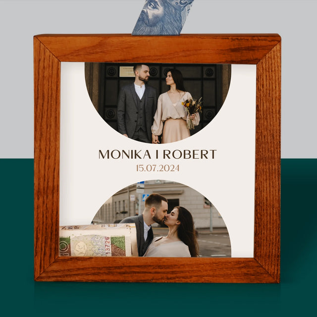 Fotokolaż: Data Ślubu - Drewniana Skarbonka