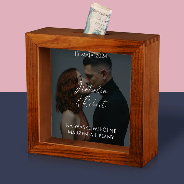 Zdjęcie I Podpis: Ślubne Zdjęcie Życzenia - Drewniana Skarbonka