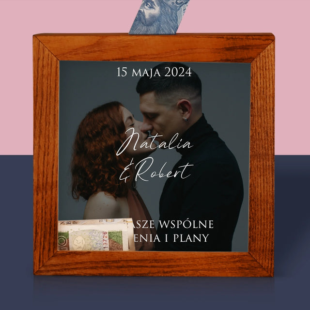Zdjęcie I Podpis: Ślubne Zdjęcie Życzenia - Drewniana Skarbonka