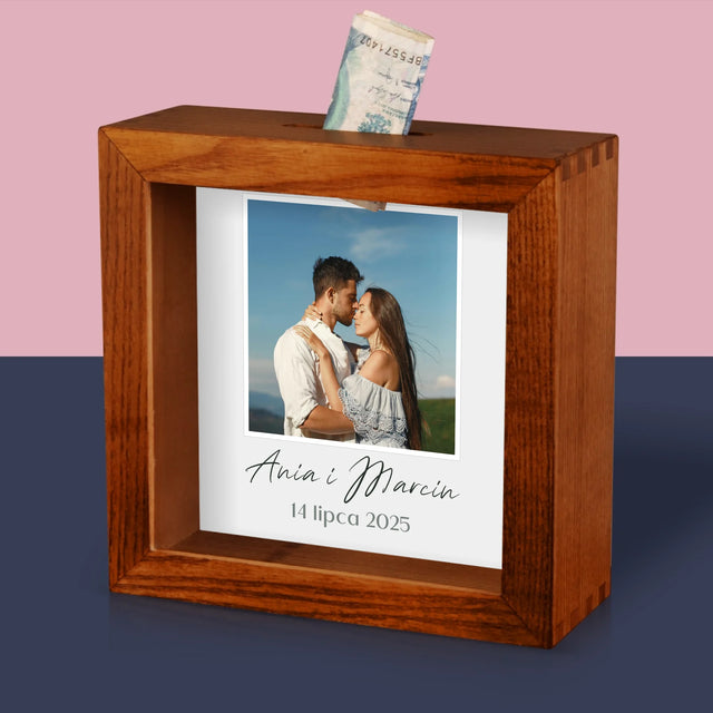 Zdjęcie I Podpis: Zdjęcie I Podpis Dla Pary Młodej - Drewniana Skarbonka