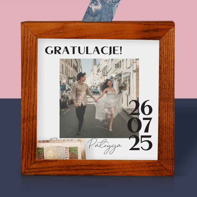Zdjęcie I Podpis: Gratulacje Z Okazji Ślubu - Drewniana Skarbonka