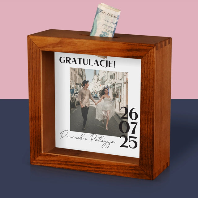 Zdjęcie I Podpis: Gratulacje Z Okazji Ślubu - Drewniana Skarbonka