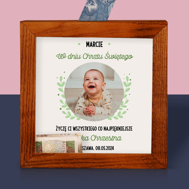 Zdjęcie I Podpis: Z Okazji Chrztu Świętego - Drewniana Skarbonka