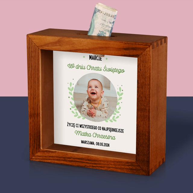 Zdjęcie I Podpis: Z Okazji Chrztu Świętego - Drewniana Skarbonka