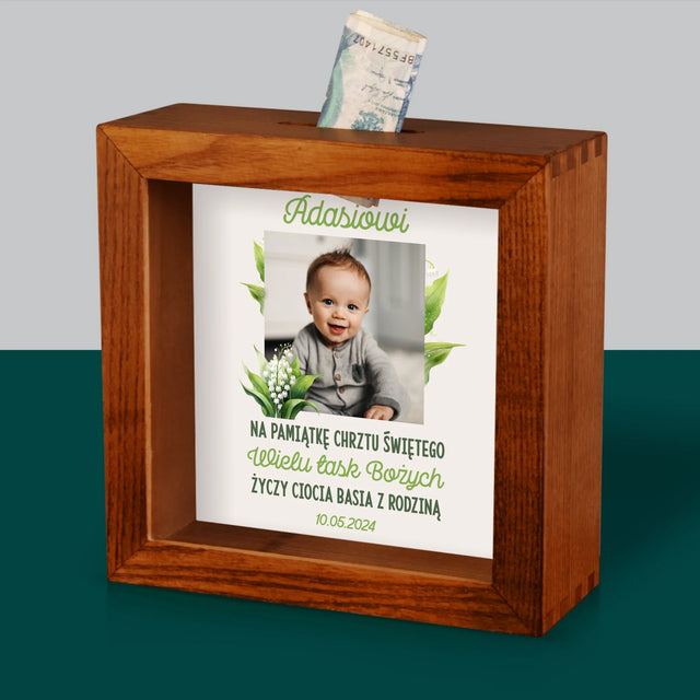 Zdjęcie I Podpis: Pamiątka Chrztu Konwalie - Drewniana Skarbonka