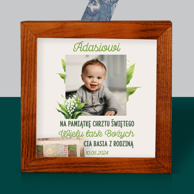 Zdjęcie I Podpis: Pamiątka Chrztu Konwalie - Drewniana Skarbonka