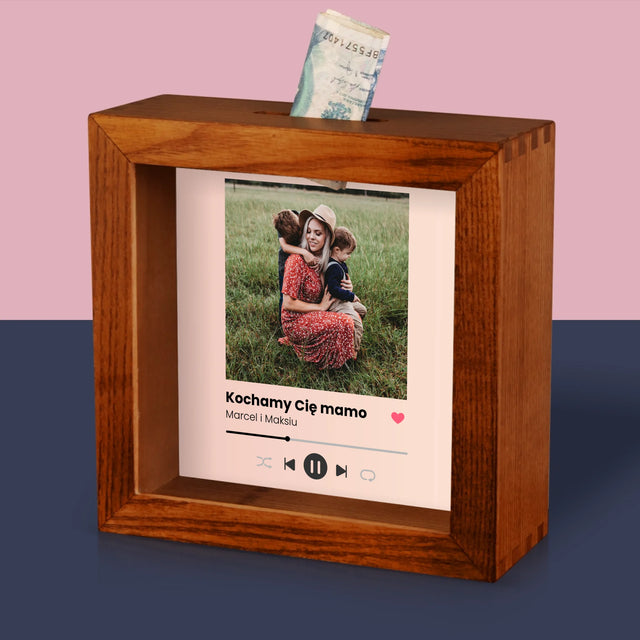 Zdjęcie I Podpis: Kochamy Cię Mamo - Drewniana Skarbonka