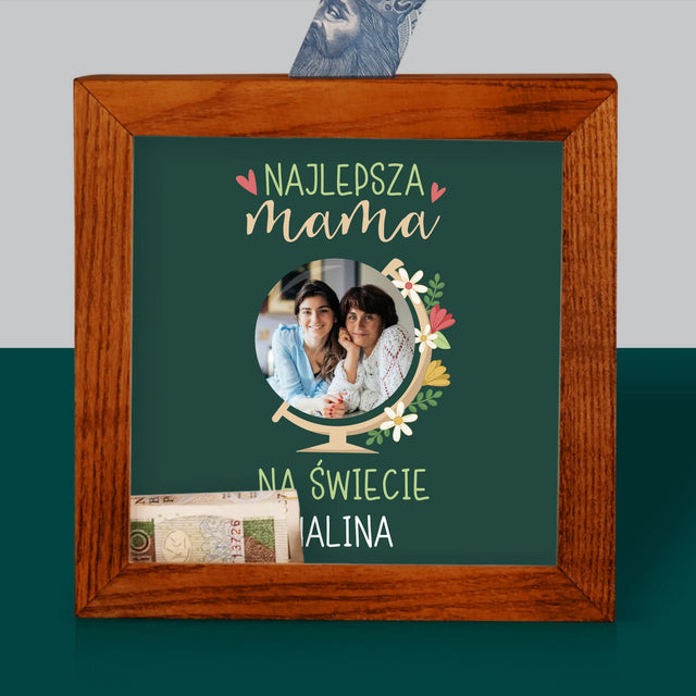 Zdjęcie I Podpis: Najlepsza Mama Świat - Drewniana Skarbonka