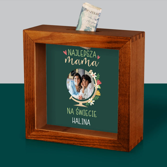 Zdjęcie I Podpis: Najlepsza Mama Świat - Drewniana Skarbonka