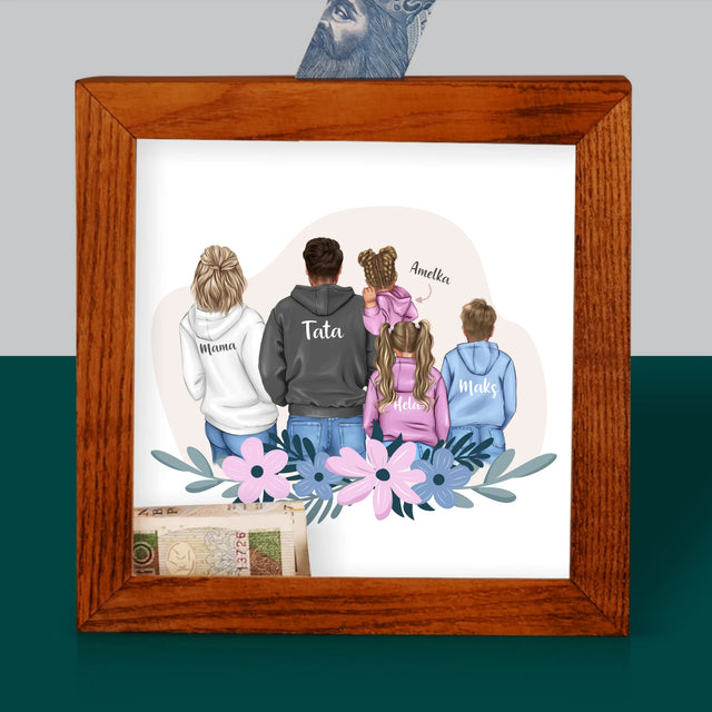 Kreator Postaci: Rodzina Z Dziećmi - Drewniana Skarbonka