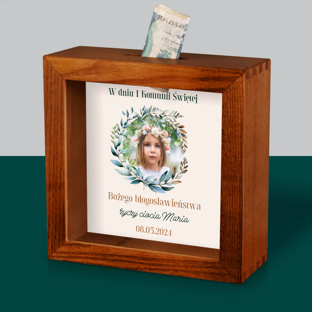 Zdjęcie I Podpis: W Dniu I Komunii Świętej - Drewniana Skarbonka