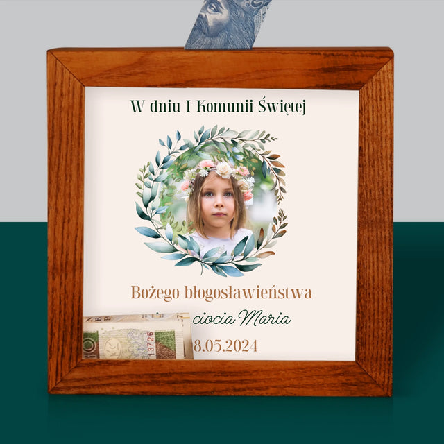 Zdjęcie I Podpis: W Dniu I Komunii Świętej - Drewniana Skarbonka