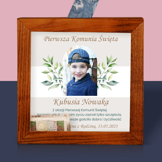 Zdjęcie I Podpis: Pierwsza Komunia Święta Życzenia - Drewniana Skarbonka