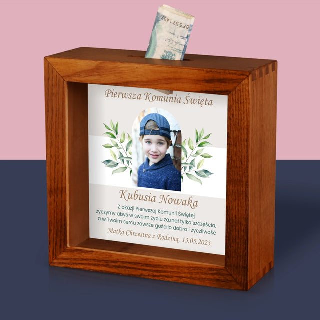 Zdjęcie I Podpis: Pierwsza Komunia Święta Życzenia - Drewniana Skarbonka
