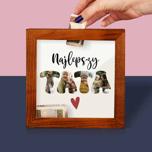 Zdjęcie I Podpis: Najlepszy Tata Serce - Drewniana Skarbonka