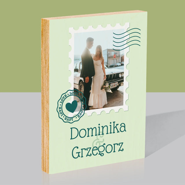 Zdjęcie i Podpis: Ślubna Pocztówka - Wydruk Na Drewnie