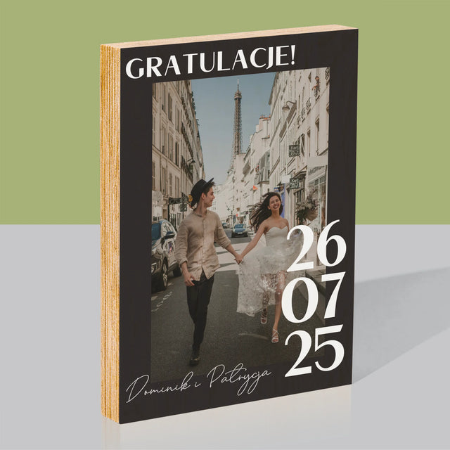 Zdjęcie i Podpis: Gratulacje z Okazji Ślubu - Wydruk Na Drewnie