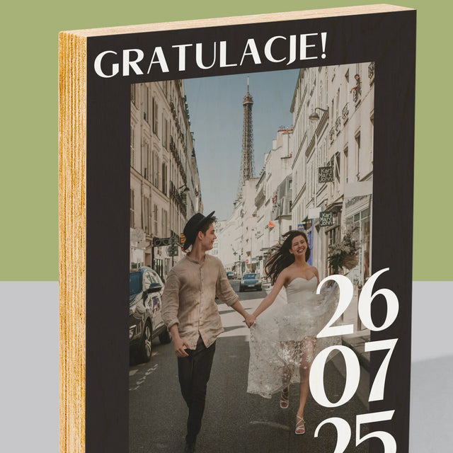 Zdjęcie i Podpis: Gratulacje z Okazji Ślubu - Wydruk Na Drewnie